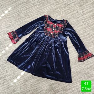 Good Lad girls velvet plaid tartan bell sleeve dress blue holiday size 4T